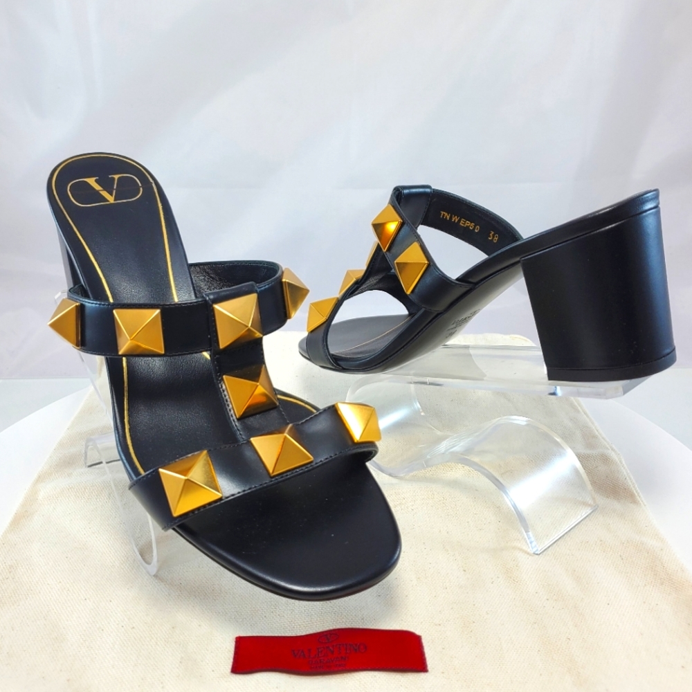 NWT$990 Valentino Garavani Roman Rockstud Black Caged Sandal Slip-on Mules Sz 38